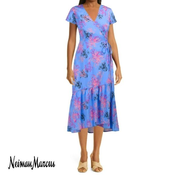 NWT NEIMAN MARCUS Floral Print Ruffle Hi-Low Hem Cotton Wrap Midi Dress - Picture 1 of 5